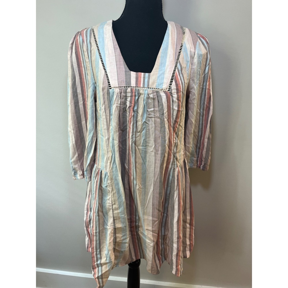 Knox Rose Striped Rayon Linen‎ Blend Mini Dress XS Multicolor Boho Ladder Lace
